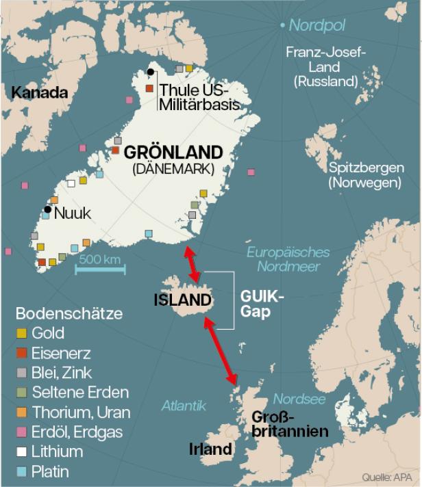 Karte Grönlands zwischen Europa und Kanada