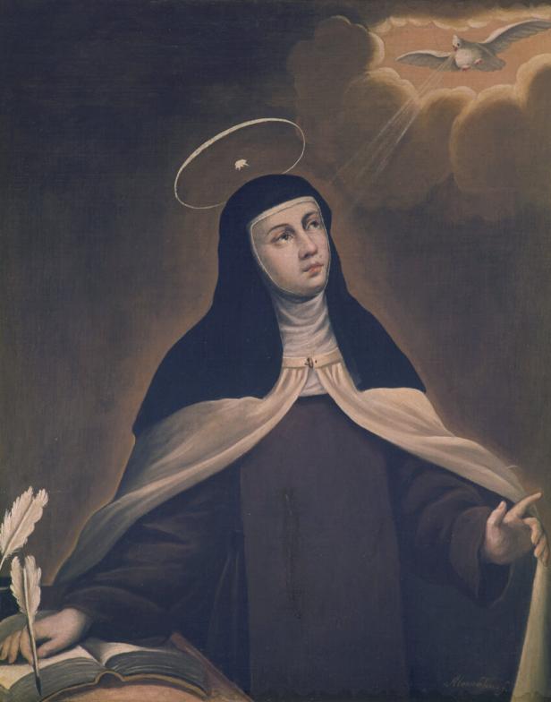 Bild der Heiligen Teresa von Avila, das die Nonne zeigt, wie sie mit einer Taube aus dem Himmel kommuniziert