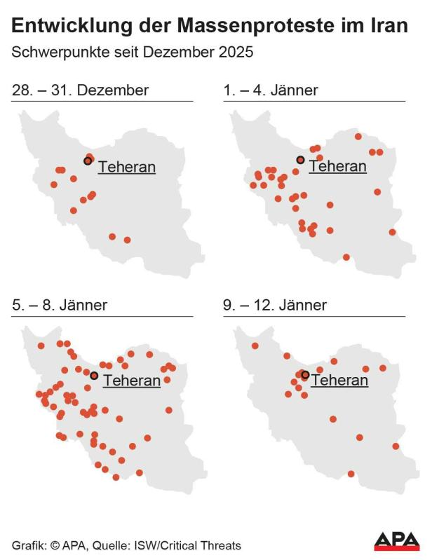 Vier Karte die den Verlauf von Protesten darstellen. Anzahl der Proteste nimmt ab.