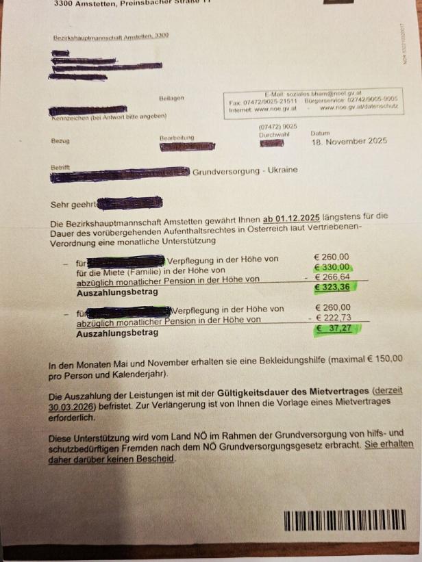 Man sieht einen Behörden-Brief an Ukrainer über Abzug von Leistungen