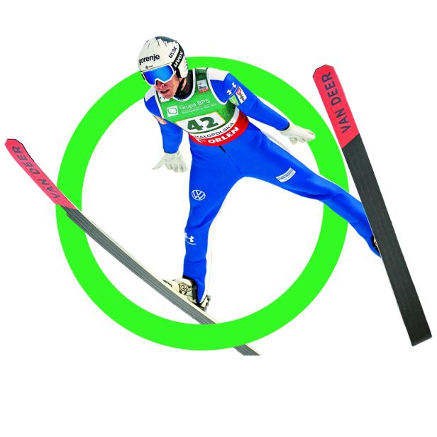 Foto-Illustration zeigt Skispringer Timi Zajc in einem grünen olympischen Ring