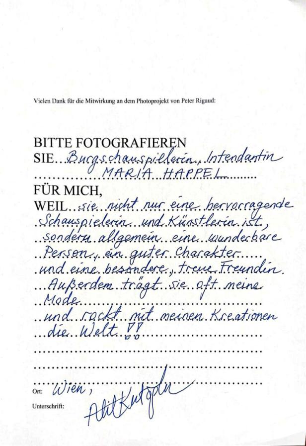 Textformular, auf dem Atil Kutoglo handschriftlich ein Bild von Maria Happel bestellt