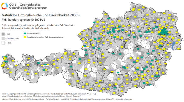 Karte von Österreich mit bestehenden und idealtypischen zukünftigen PVE-Standorten, farblich nach Erreichbarkeit markiert.