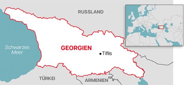 Karte von Georgien: Georgien grenzt im Norden an Russland und m Süden an die Türkei, Armenien und Aserbaidschan.