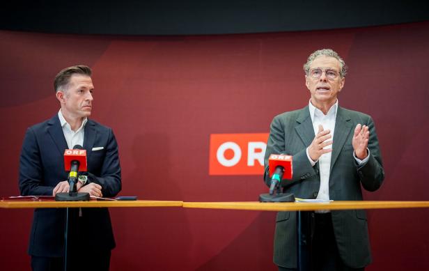 Zwei Männer bei einer Pressekonferenz vom ORF