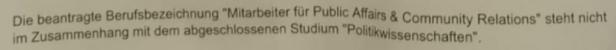 Bescheid des AMS: Kein Zusammenhang zwischen Politikwissenschaft-Studium und Public Affairs Stelle