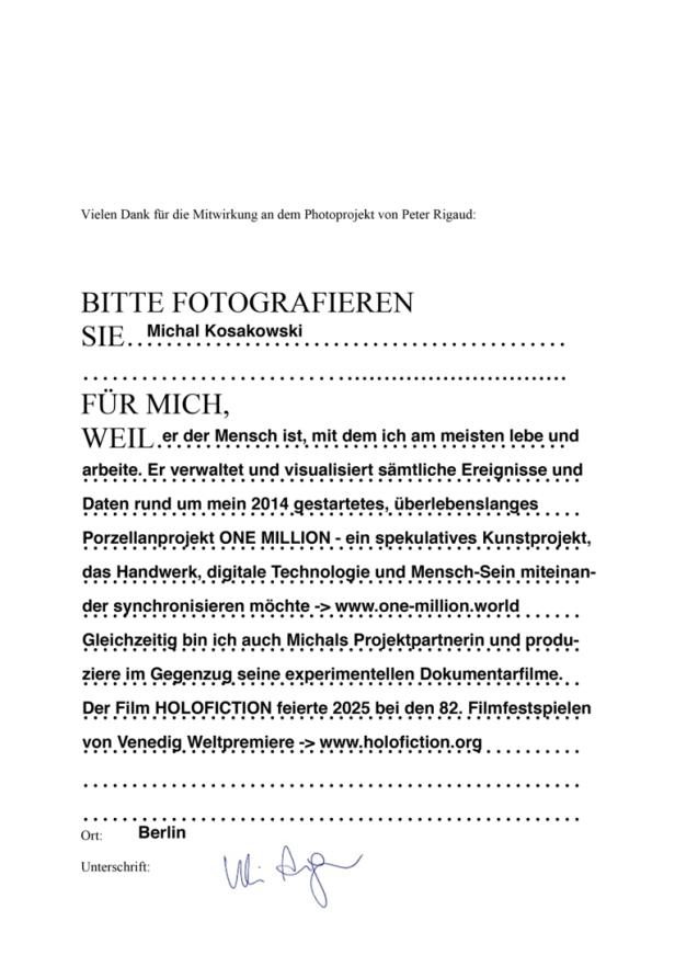 Textformular, auf dem sich Uli Aigner ein Bild von Michal Kosakowski wünscht