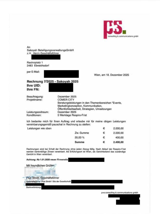 Ein Faksimile einer Rechnung von Pius Strobls Beratungsunternehmen