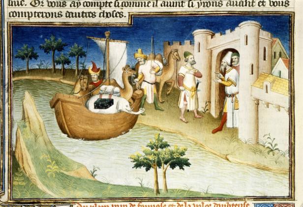 Historische Darstellung der Ankunft Marco Polos in Hormus im Jahr 1293