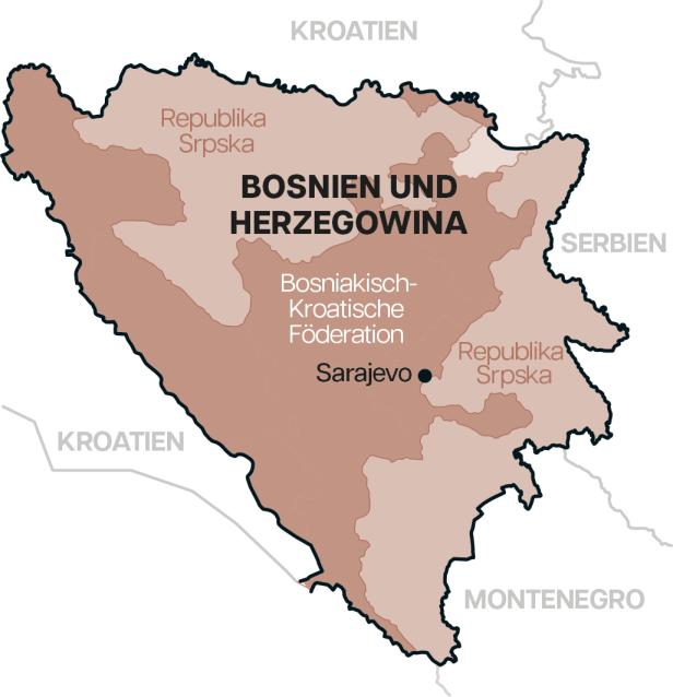Karte von Bosnien, man sieht die zwei Landeshälften: Die Bosniakisch-Kroatische Föderation und die Republik Srpska.