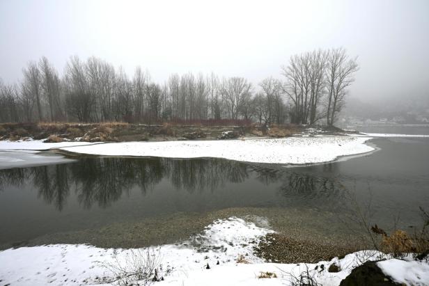 Der verschneite Uferbereich eines Donau-Nebenarms bei Rossatz, wo die Leiche von Christian Pilnacek gefunden wurde.