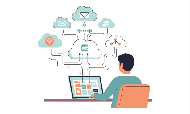 Illustration eines Mannes vor einem Laptop, in der Luft Zeichnungen von Datensymbolen