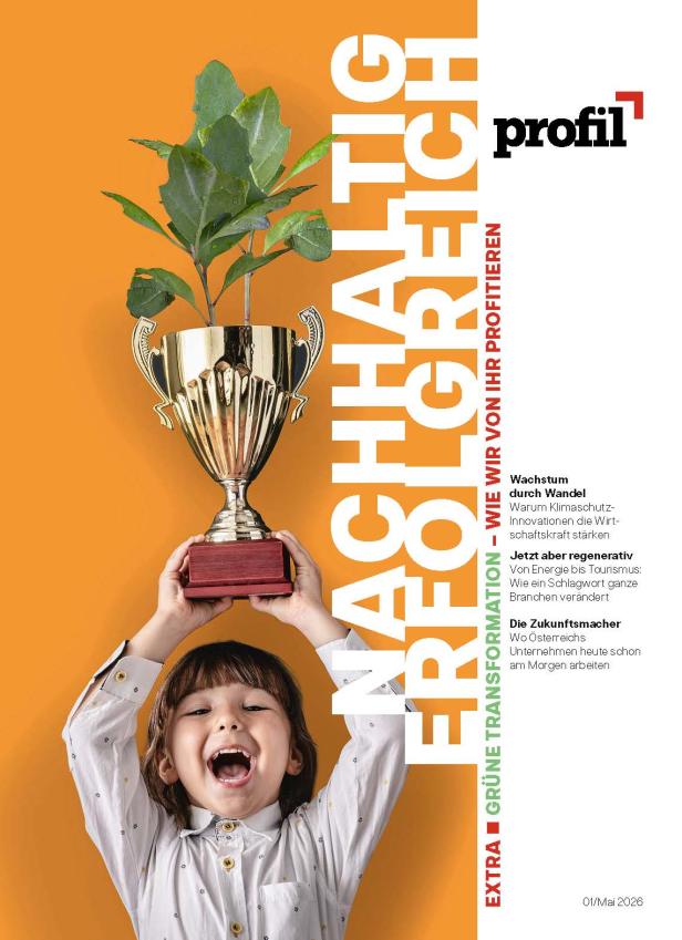 Cover des profil EXTRA "Nachhaltig Erfolgreich", ein Kind hält einen Pokal, aus dem eine Pflanze wächst