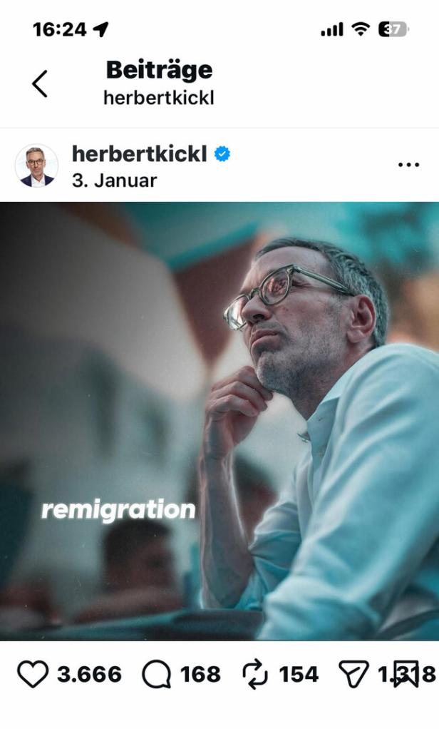 Instagram-Posting von FPÖ-Chef Herbert Kickl mit dem Titel "Remigration" 