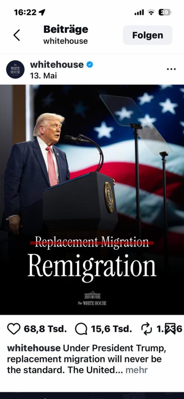 Instagram-Posting des Weißen Hauses mit einem Bild von Trump und dem Titel "Remigration" 