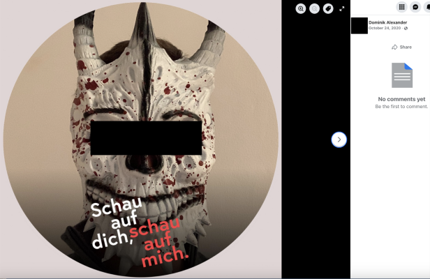 Facebook-Posting: Schau auf dich, schau auf mich mit Horror-Maske hinterlegt (Augen von profil geschwärzt)