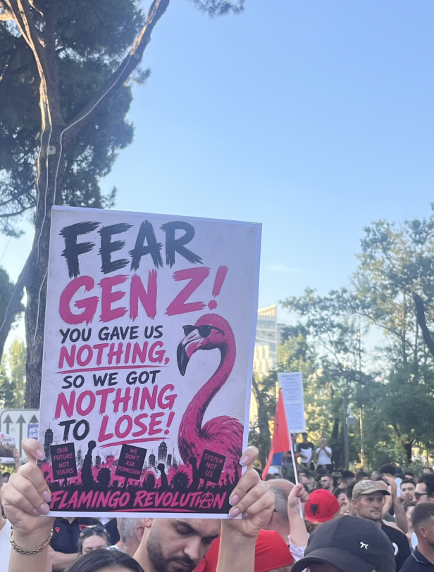 Ein Protestplakat zeigt einen Flamingo und den englischsprachigen Slogan "Fear Gen Z"