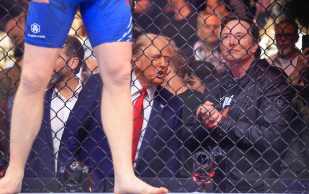 Donald Trump und Elon Musk stehen hinter einem Zaun, davor die Beines eines UFC-Kämpfer.