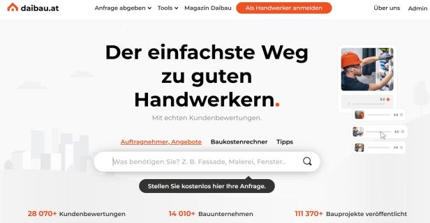 Startseite der Plattform Daibau.at mit Suchfeld für Handwerkerleistungen, Nutzerbewertungen und Statistiken zu Bauprojekten und Unternehmen.