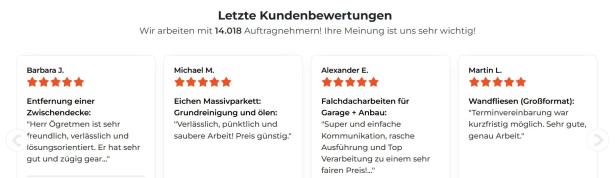 Vier Nutzerbewertungen mit fünf Sternen zu verschiedenen Handwerksleistungen auf der Plattform Daibau, darunter Zwischen­decke, Parkett, Falchdach und Wandfliesen.