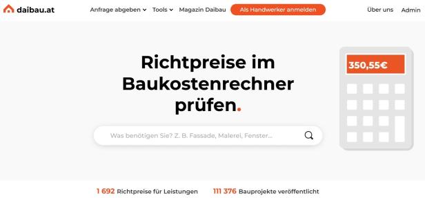 Die Startseite von daibau.at zeigt den Baukostenrechner, mit dem Nutzer Richtpreise für Handwerksleistungen in Österreich abfragen können.