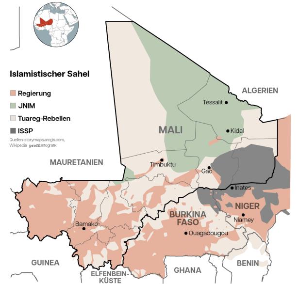Karte von Burkina Faso, Mali und Niger: Islamisten und Tuareg kontrollieren große Teile der drei Länder, im Dreistaateneck hat sich der Islamische Staat eingerichtet.