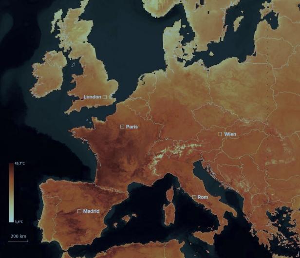 Grafik von Europa, Hitzeregionen in rot eingefärbt