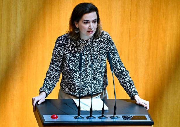 Die grüne Abgeordnete Alma Zadić steht am Redepult im Nationalrat.
