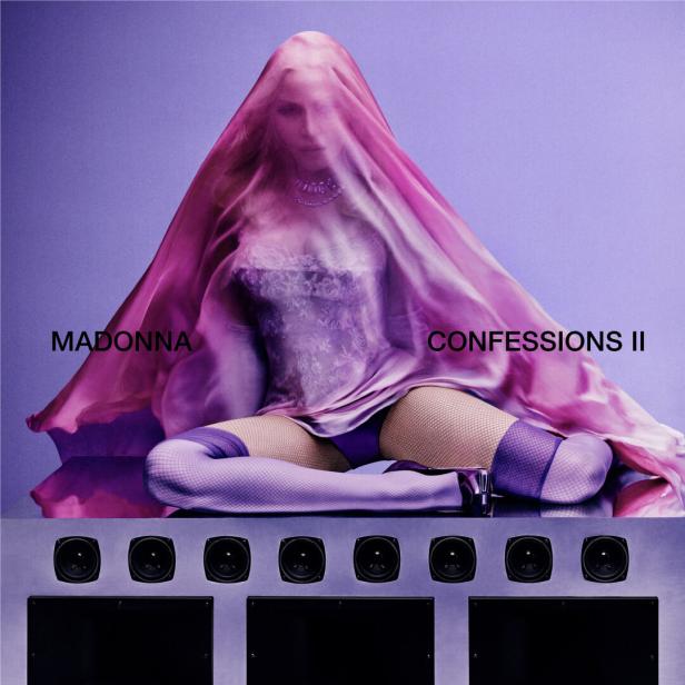Plattencover des neuen Madonna-Albums, das die Sängerin in violetter Wäsche und mit lila Kopfschleier zeigt