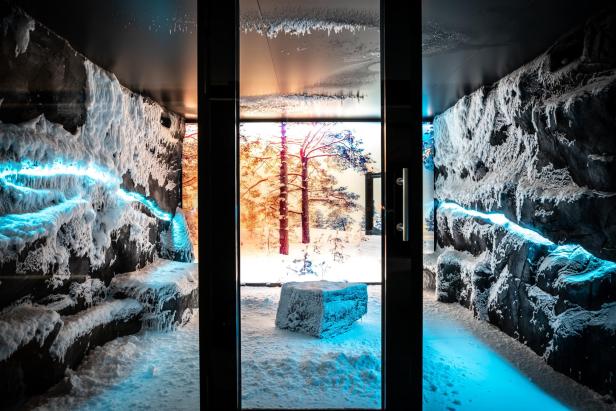 Ein Snow Room mit Waldbild im Hintergrund