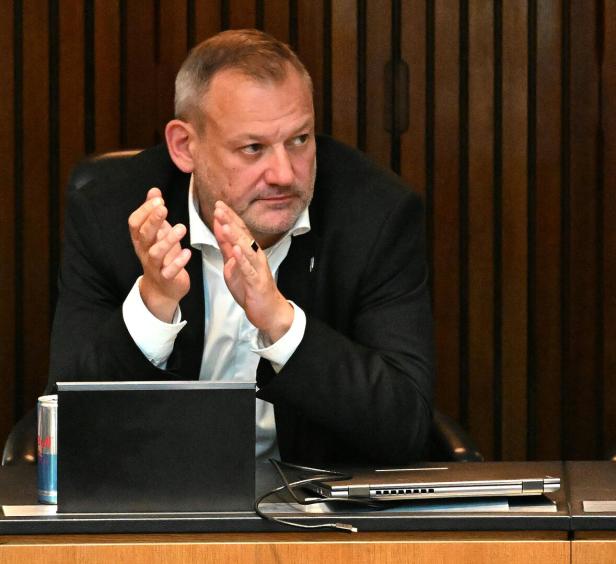 Ein Mann im Anzug. der FPÖ-Abgeordnete Oberlechner, sitzt im Parlamentsplenum und klatscht, vor ihm stehen Laptop und Energydrink.