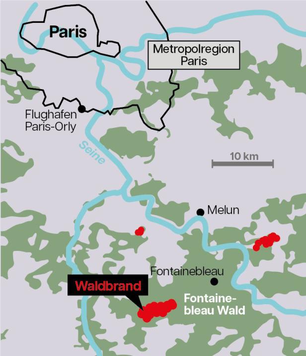 Karte von Fontainebleau: Im Nordosten ist Paris erkennbar, man sieht drei Brandherde im Wald von Karte Fontainebleau.