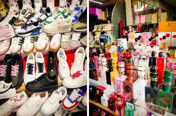 Gefälschte Sneaker und Parfums an Marktständen in der Excalibur City