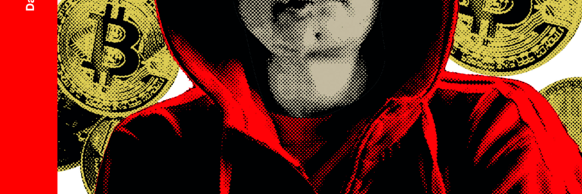 zu sehen ist ein Mann im Hoodie mit einer Bitcoin Brille, er soll einen Krypto-Krimi darstellen