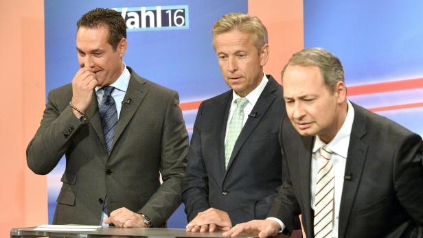 FPÖ-Chef Heinz Christian Strache, ÖVP-Klubchef Reinhold Lopatka und SPÖ-Klubobmann Andreas Schieder bei einem TV-Einstieg zur Bundespräsidentenwahl