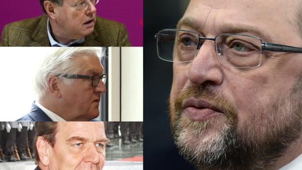 Peer Steinbrück, Frank-Walter Steinmeier, Gerhard Schröder und Martin Schulz (r.) Peer Steinbrück, Frank-Walter Steinmeier, Gerhard Schröder und Martin Schulz (r.)