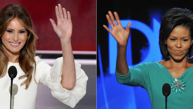 Melania Trump auf dem republikanischen Parteitag 2016 und Michelle Obama auf dem demokratischen Parteitag 2008. (v.l.n.r.) Melania Trump auf dem republikanischen Parteitag 2016 und Michelle Obama auf dem demokratischen Parteitag 2008. (v.l.n.r.)