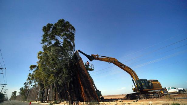 Bauarbeiter bearbeiten einen gefallenen Abschnitt der US-mexikanischen Grenzmauer von Mexicali, Bundesstaat Baja California. Neu installierte Paneele von der US-Grenzmauer fielen bei starkem Wind um und landeten auf Bäumen auf der mexikanischen Seite der Bauarbeiter bearbeiten einen gefallenen Abschnitt der US-mexikanischen Grenzmauer von Mexicali, Bundesstaat Baja California. Neu installierte Paneele von der US-Grenzmauer fielen bei starkem Wind um und landeten auf Bäumen auf der mexikanischen Seite der