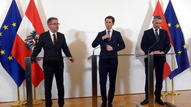 Gesundheitsminister Rudolf Anschober (Grüne), Bundeskanzler Sebastian Kurz (ÖVP) und Innenminister Karl Nehammer (ÖVP)