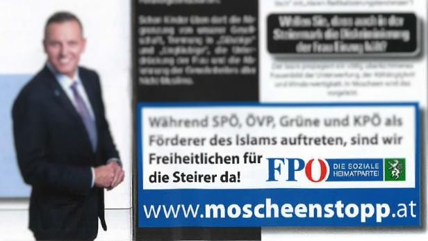 In einer FPÖ-Wahlkampfbroschüre wird die antimuslimische Website beworben.