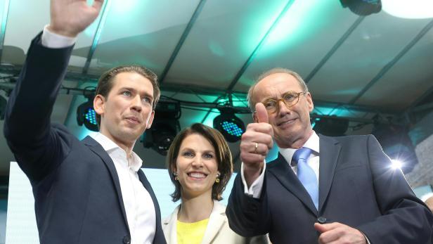 Bundeskanzler Kurz, ÖVP-Listenzweite Edstadler und Spitzenkandidat Karas jubeln über das Ergebnis