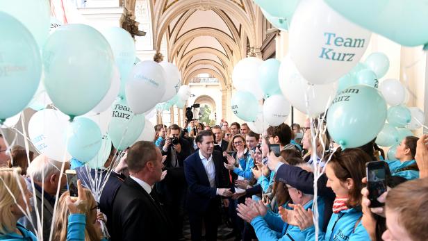 Sebastian Kurz im Rahmen eines ÖVP-Wahlkampfabschlusses, umringt von Unterstützer:innen