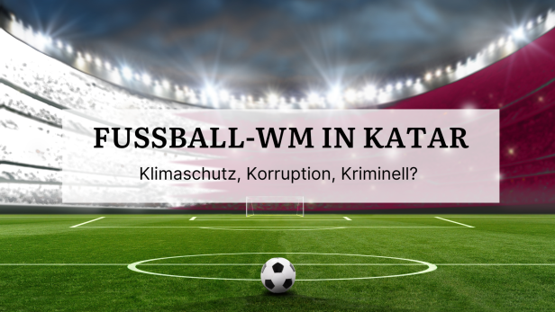 Ein Fußball auf dem Rasen vor einem Stadion mit dem Schriftzug „Fussball-WM in Katar“.