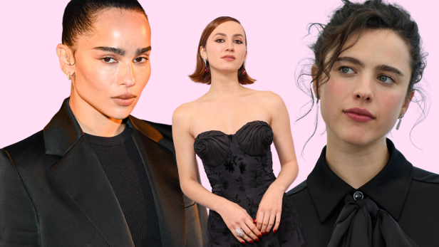 Porträts von Zoë Kravitz, Maude Apatow und Margaret Qualley vor einem rosa Hintergrund.