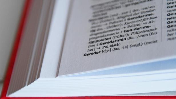 Ein aufgeschlagenes Wörterbuch zeigt den Eintrag „Gender“.