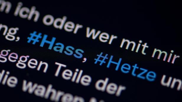 Nahaufnahme eines Bildschirms mit Textfragmenten und den Hashtags #Hass und #Hetze.