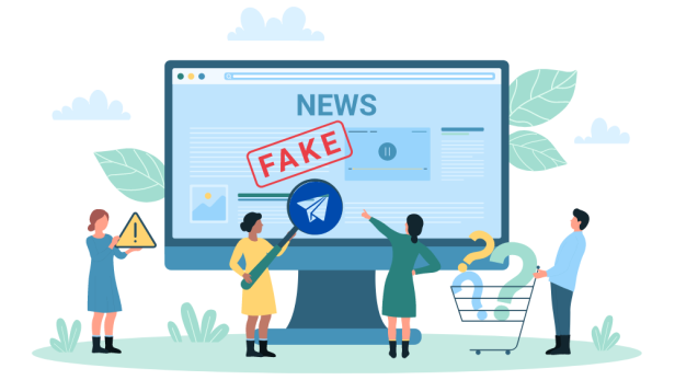 Eine Gruppe von Leuten steht vor einem Bildschirm mit der Aufschrift „News“ und dem Stempel „Fake“.