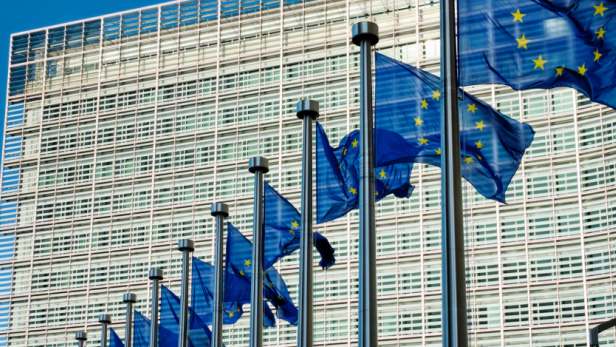 Wehende EU-Fahnen vor dem Parlament.