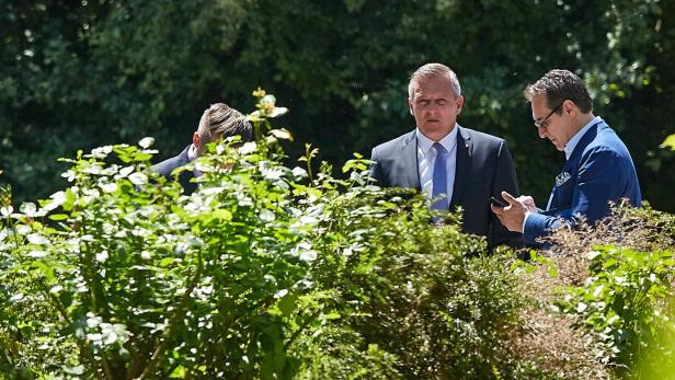 Drei Männer in Anzügen stehen hinter Büschen.
