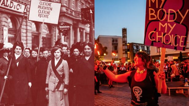links: Suffragetten protestieren in Wien, Feministinnen protestieren in den Niederlanden